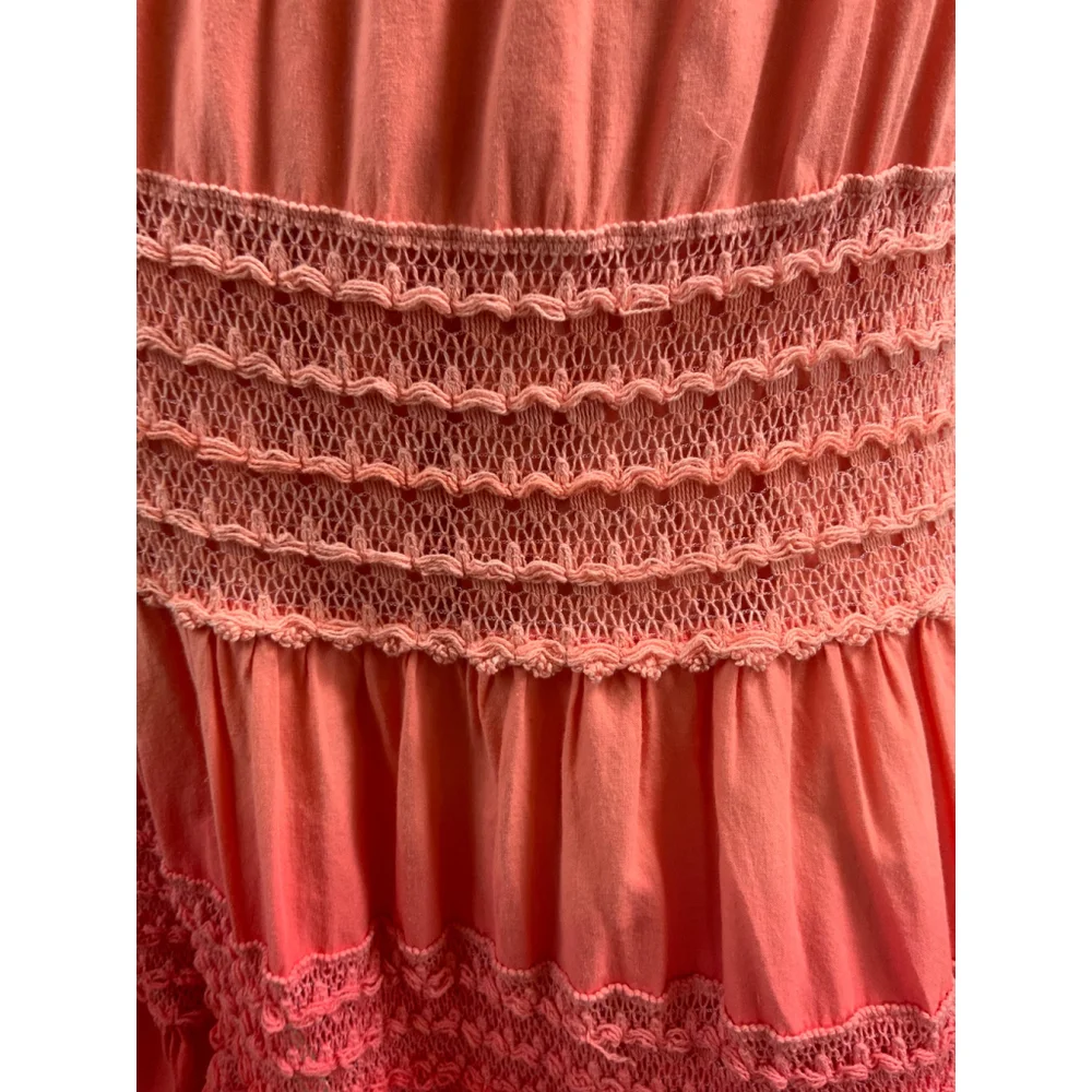 Eyeshadow Women's Tiered Midi Skirt Med Coral Elastic Waistband Boho Cottagecore